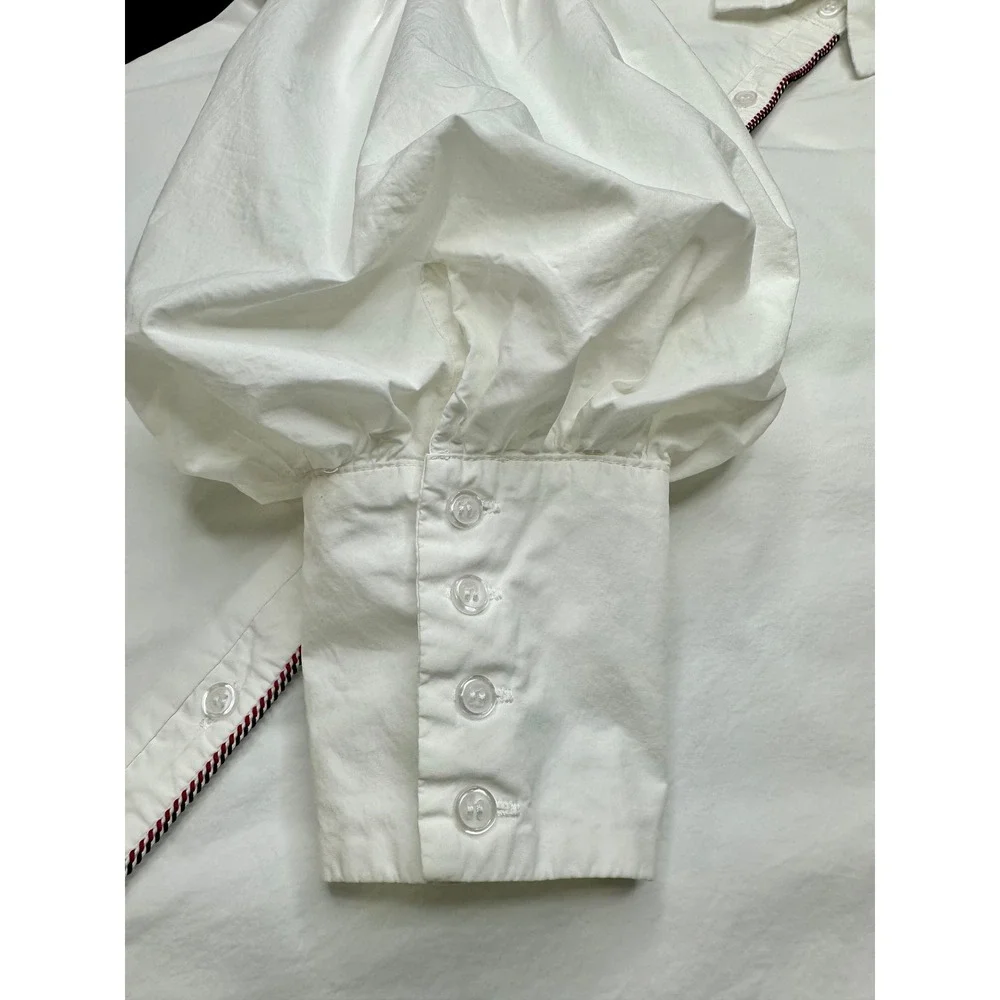 The Shirt Rochelle Behrens Blouse Womens Small White Puff Sleeve Tuckernuck